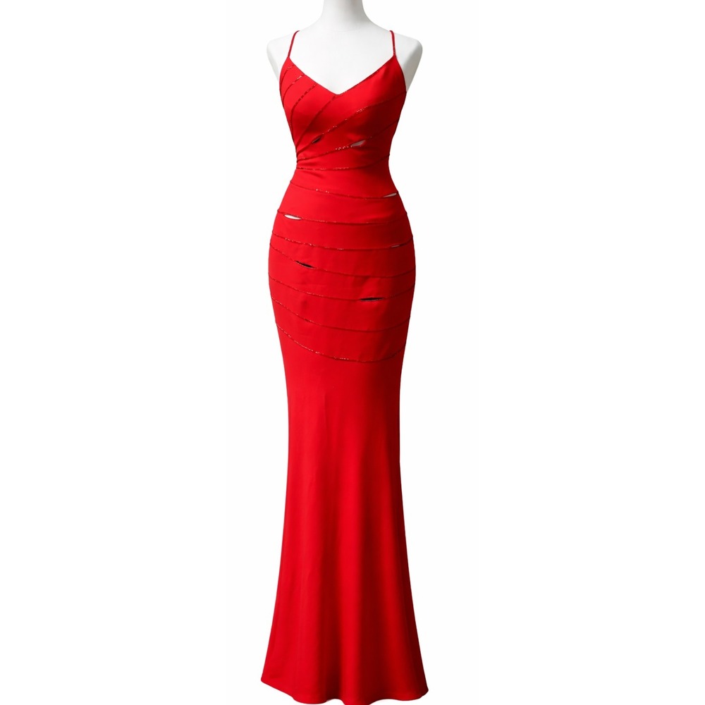 Niteline Prom Evening Gown Maxi Dress Womens Size 2 Red Beaded Cutout Open Back